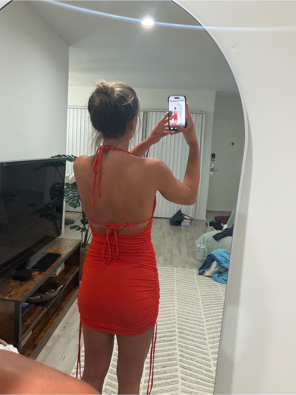 Oh Polly Red-Orange Halter Cowl Mini Dress - Picture 3 of 4